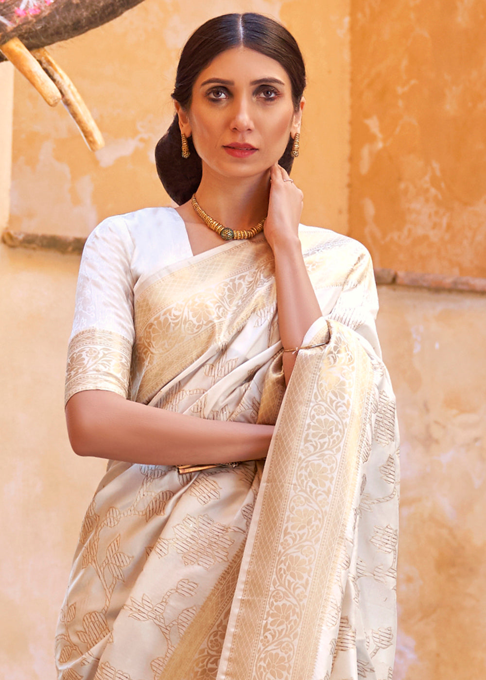 Ivory White Handloom Weave Soft Banarasi Silk Saree - Colorful Saree