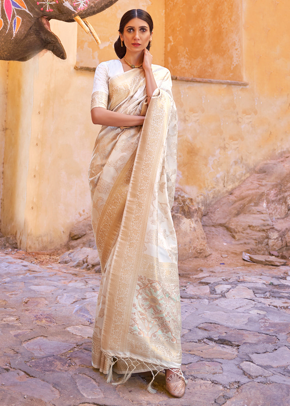 Ivory White Handloom Weave Soft Banarasi Silk Saree - Colorful Saree