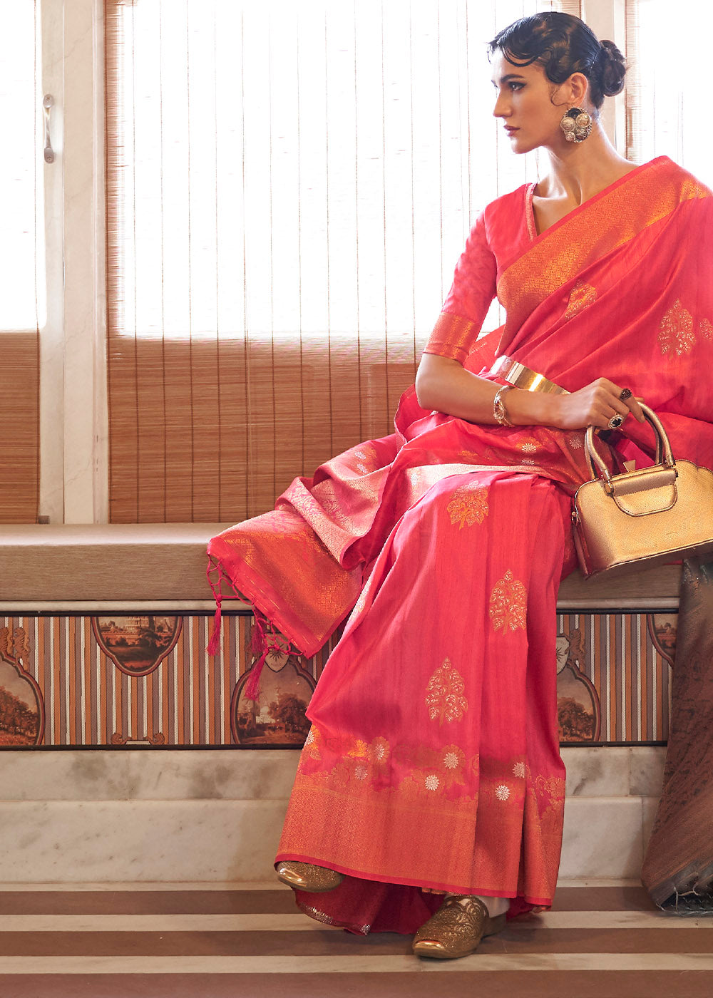 French Pink Copper Zari Woven Tussar Silk Saree - Colorful Saree