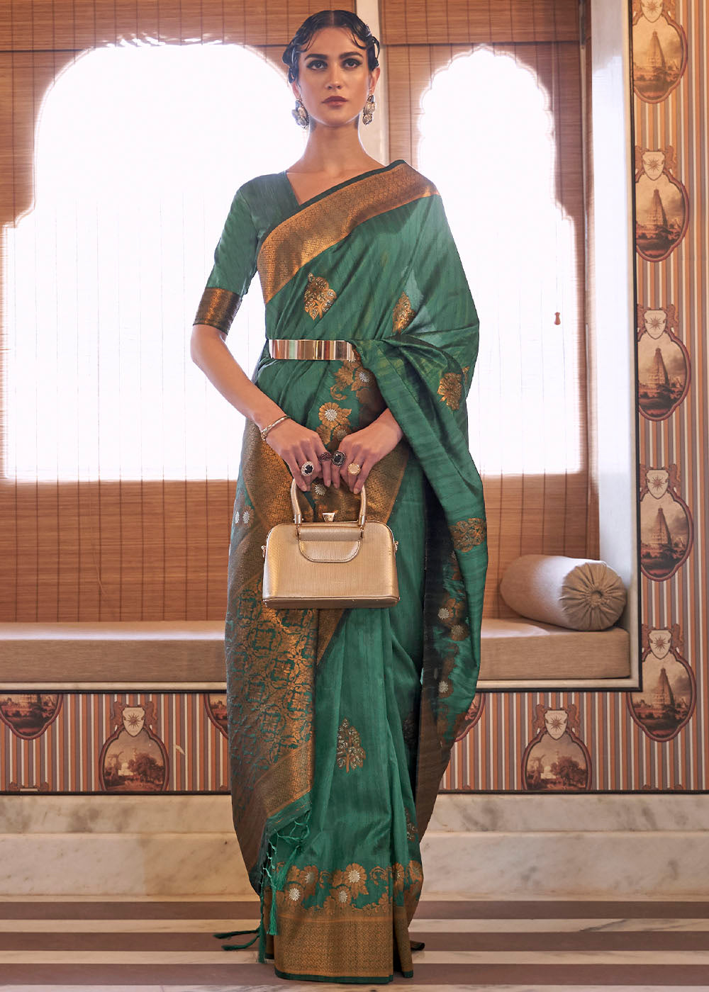 Bottle Green Copper Zari Woven Tussar Silk Saree - Colorful Saree