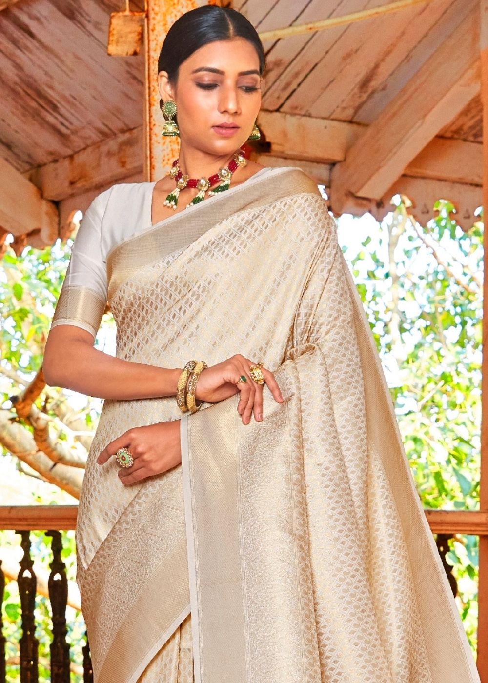 Ivory White Woven Kanjivaram Saree:Limited Edition - Colorful Saree