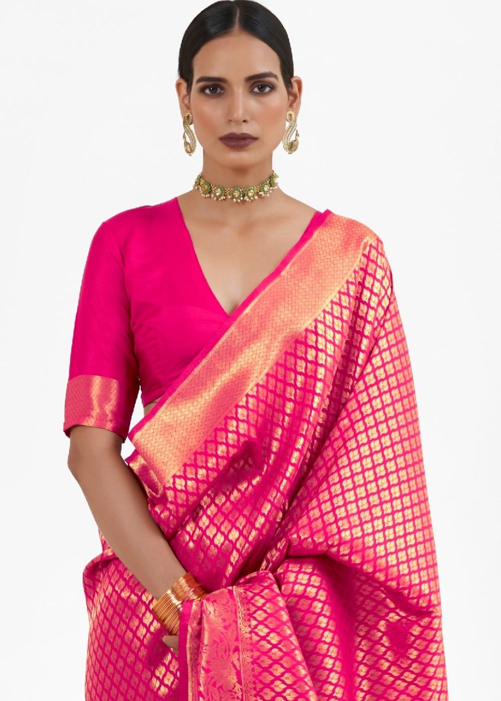 Magenta Pink Kanjivaram Soft Woven Silk Saree - Colorful Saree