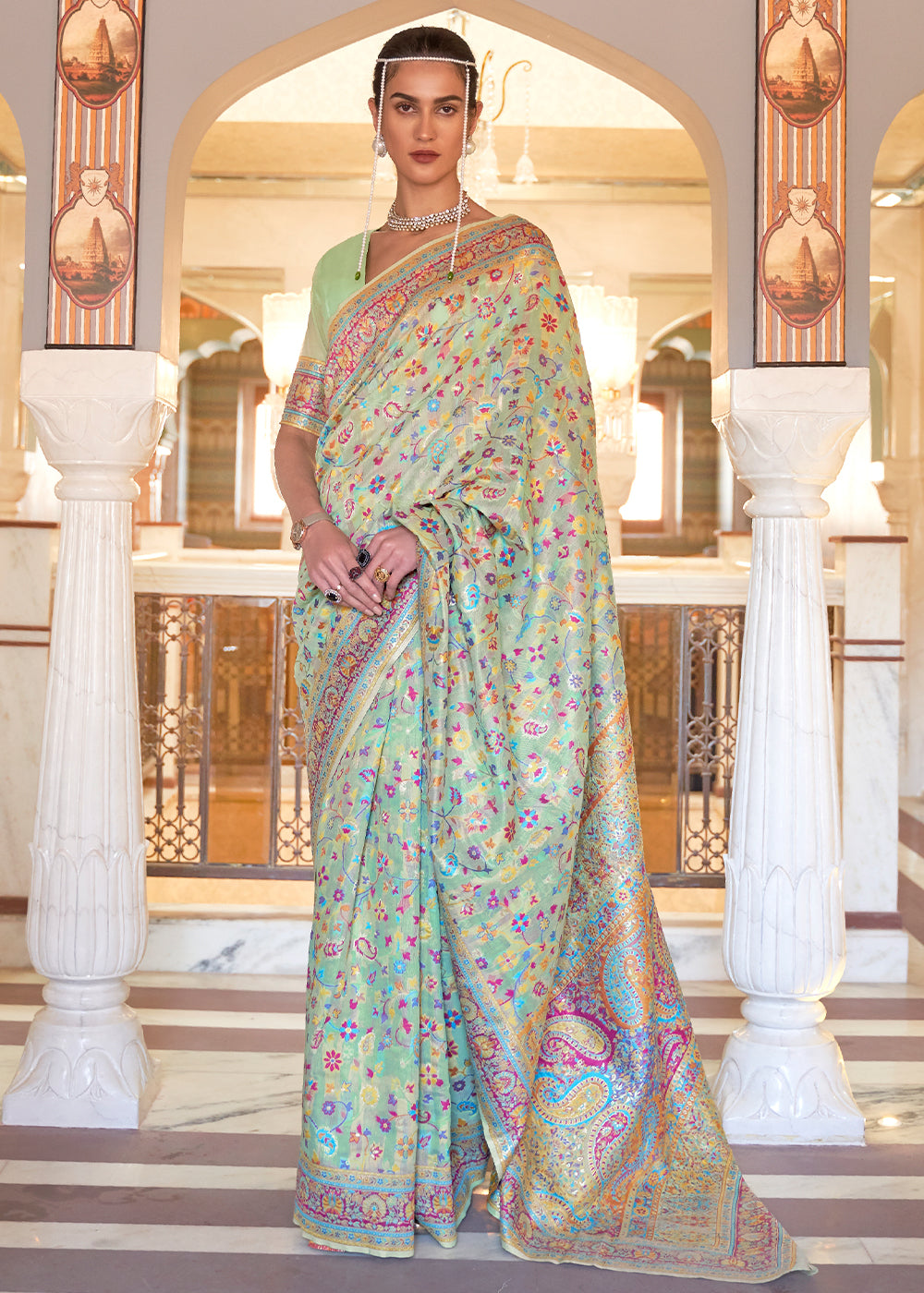 Celadon Green Banarasi Jamawar Woven Silk Saree - Colorful Saree