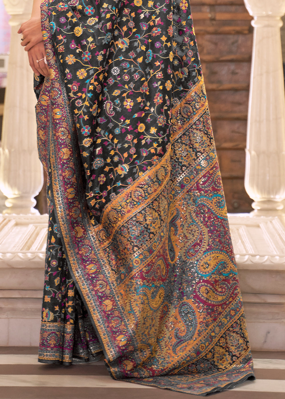 Sable Black Banarasi Jamawar Woven Silk Saree - Colorful Saree