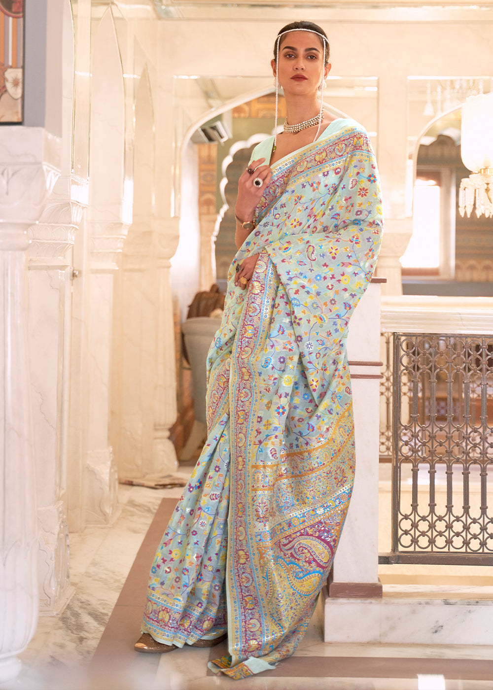 Powder Blue Banarasi Jamawar Woven Silk Saree - Colorful Saree