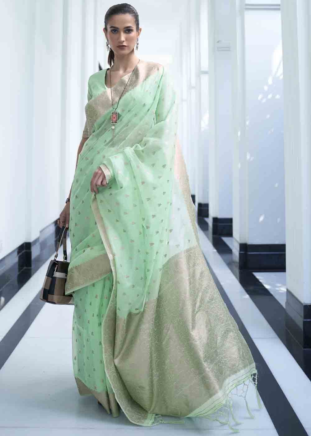 Mint Green Woven Designer Silk Saree - Colorful Saree