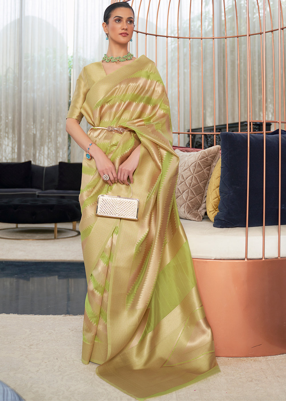 Green & Golden Woven Organza Silk Saree - Colorful Saree