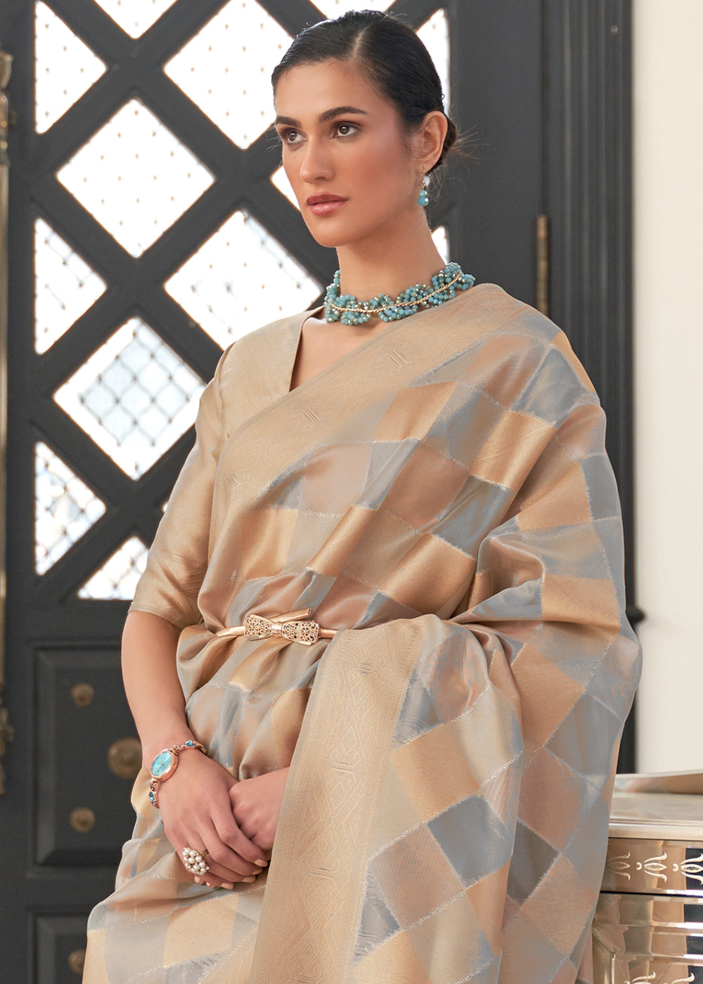 Golden Brown & Grey Lehariya Handloom Weaving Organza Silk Saree - Colorful Saree