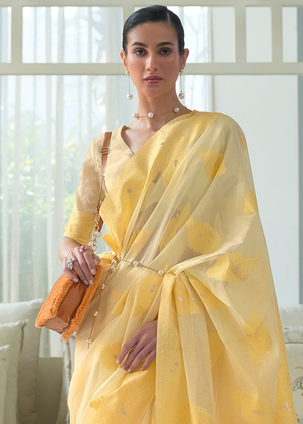 Shades Of Yellow Lucknowi Chikankari Weaving Silk Saree - Colorful Saree