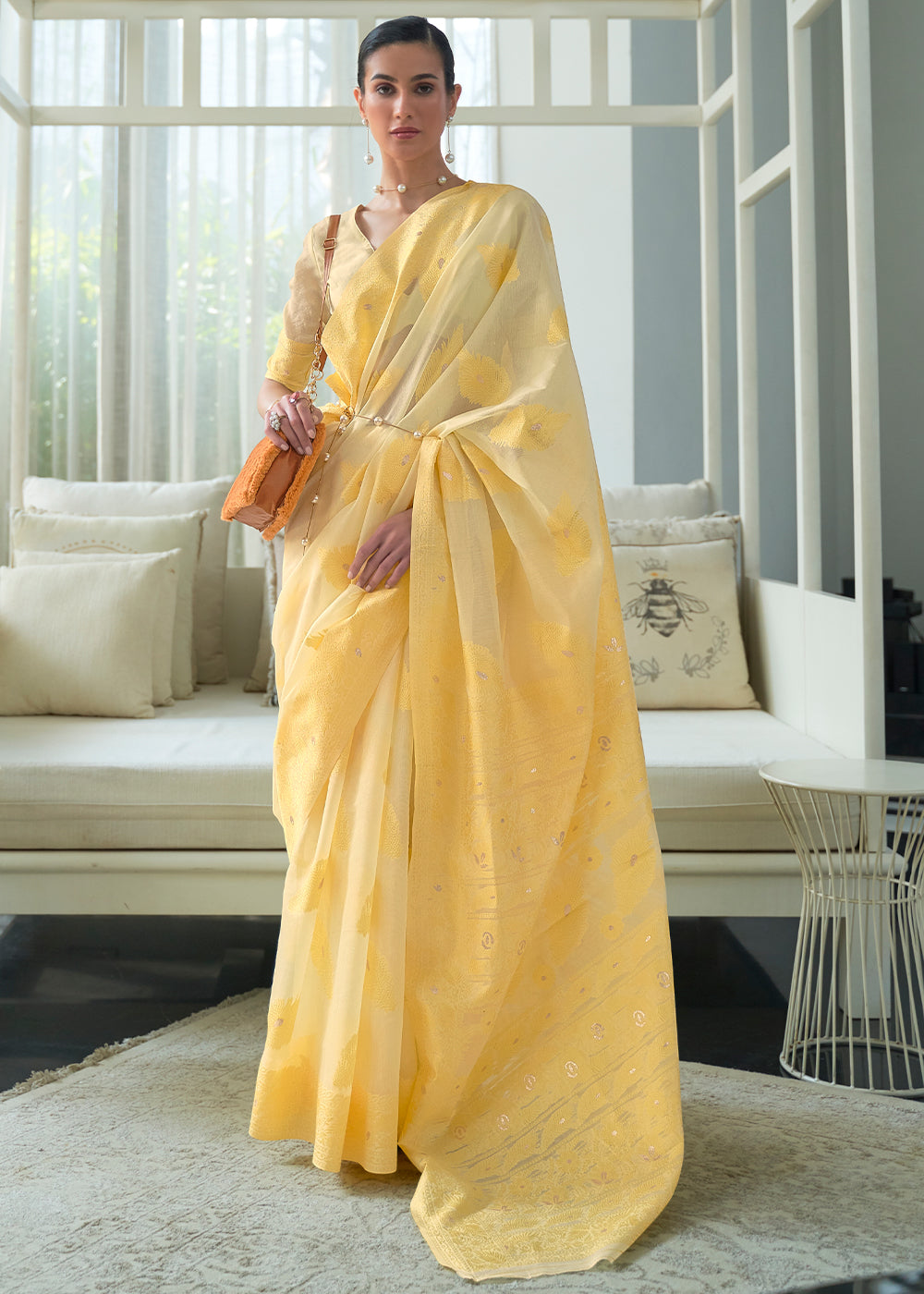 Shades Of Yellow Lucknowi Chikankari Weaving Silk Saree - Colorful Saree