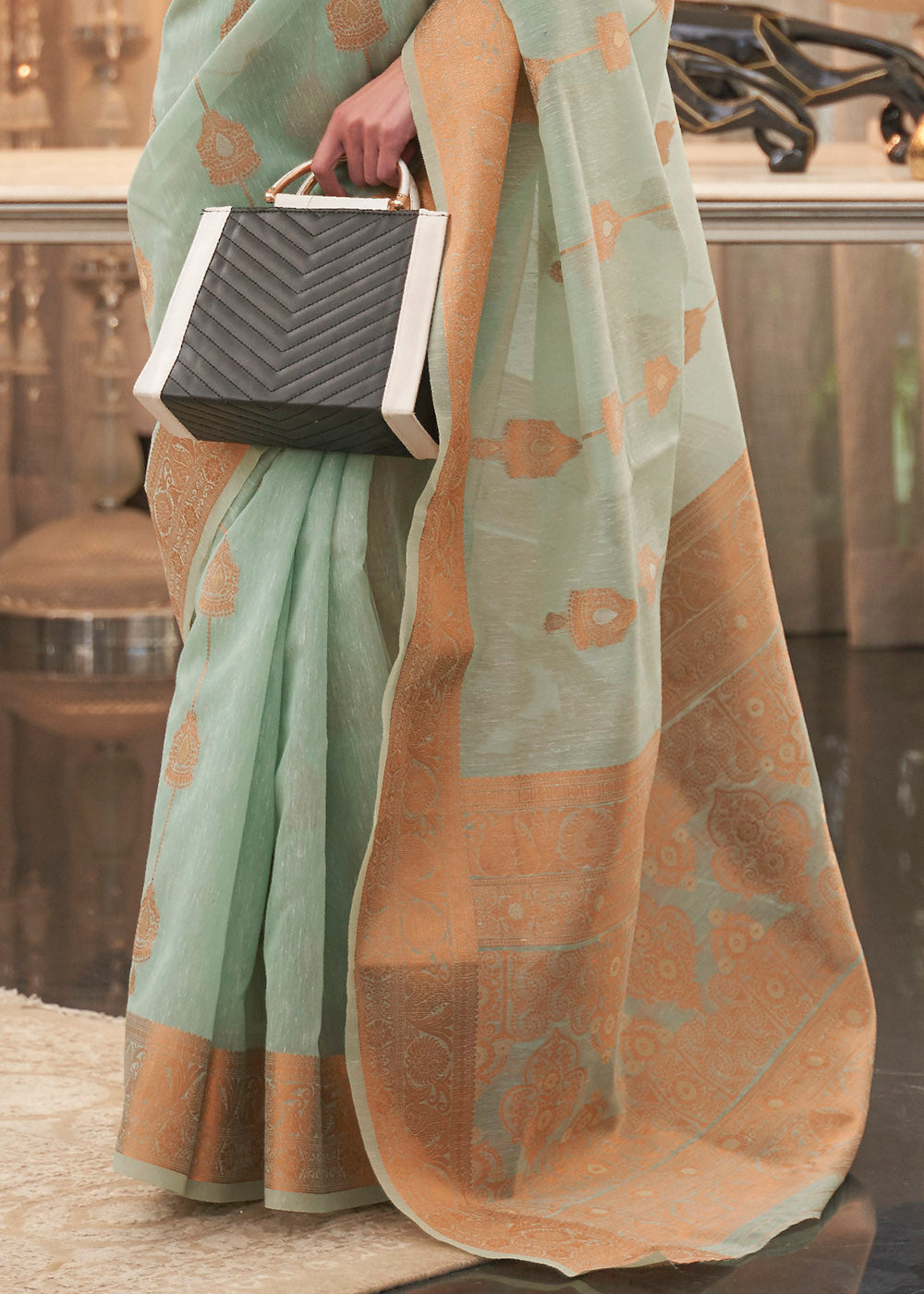 Emerald Green Copper Zari Woven Linen Silk Saree - Colorful Saree