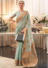 Emerald Green Copper Zari Woven Linen Silk Saree - Colorful Saree