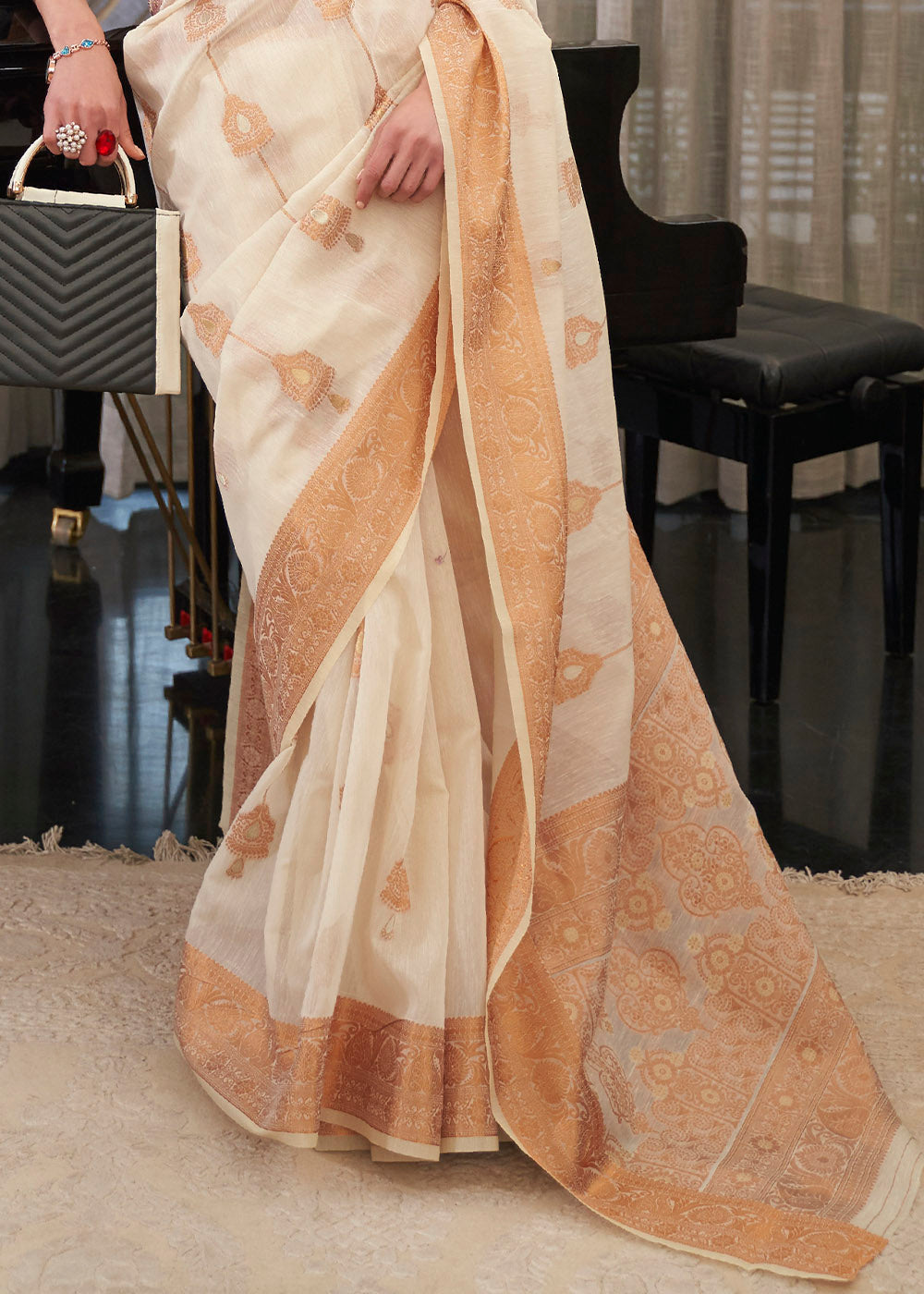 Ivory White Copper Zari Woven Linen Silk Saree - Colorful Saree