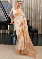 Ivory White Copper Zari Woven Linen Silk Saree - Colorful Saree