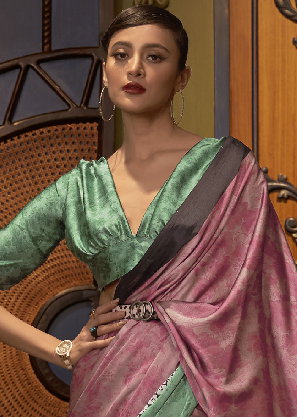 Green & Pink Designer Satin Crepe Printed Saree - Colorful Saree