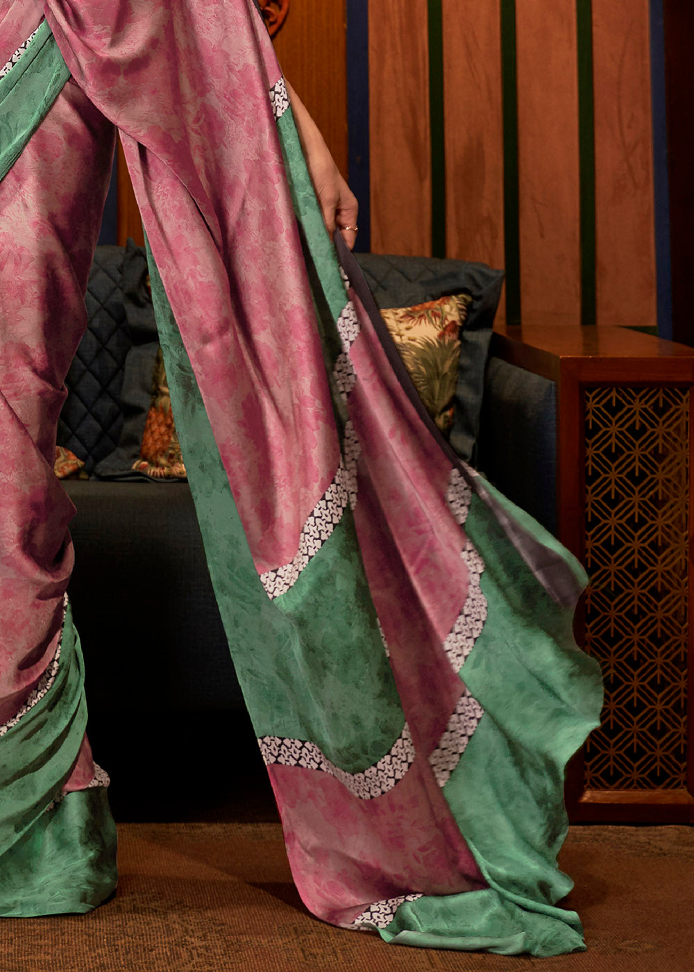 Green & Pink Designer Satin Crepe Printed Saree - Colorful Saree