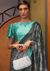 Grey & Blue Designer Satin Crepe Printed Saree - Colorful Saree