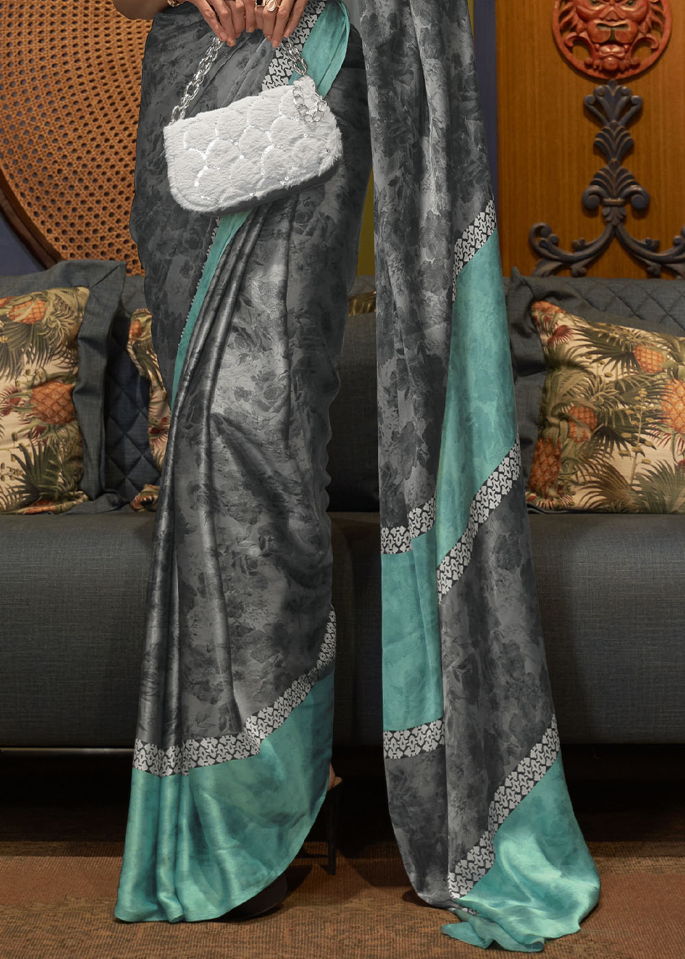 Grey & Blue Designer Satin Crepe Printed Saree - Colorful Saree