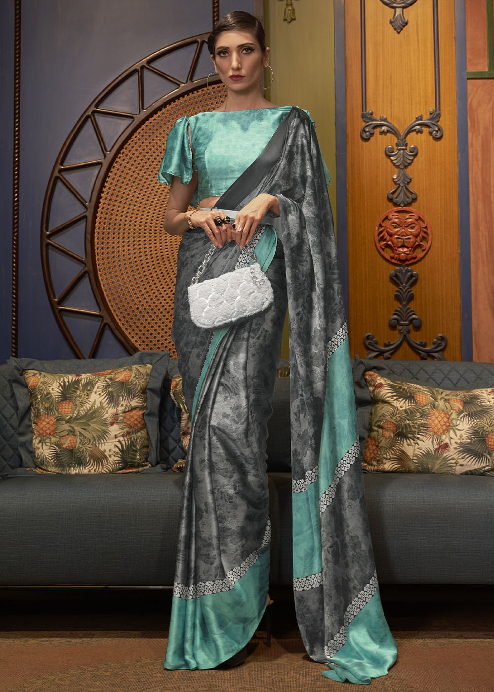 Grey & Blue Designer Satin Crepe Printed Saree - Colorful Saree