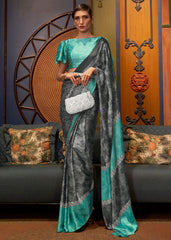 Grey & Blue Designer Satin Crepe Printed Saree - Colorful Saree