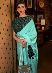 Turquoise Blue Designer Satin Crepe Printed Saree - Colorful Saree