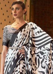 White & Black Designer Satin Crepe Printed Saree - Colorful Saree