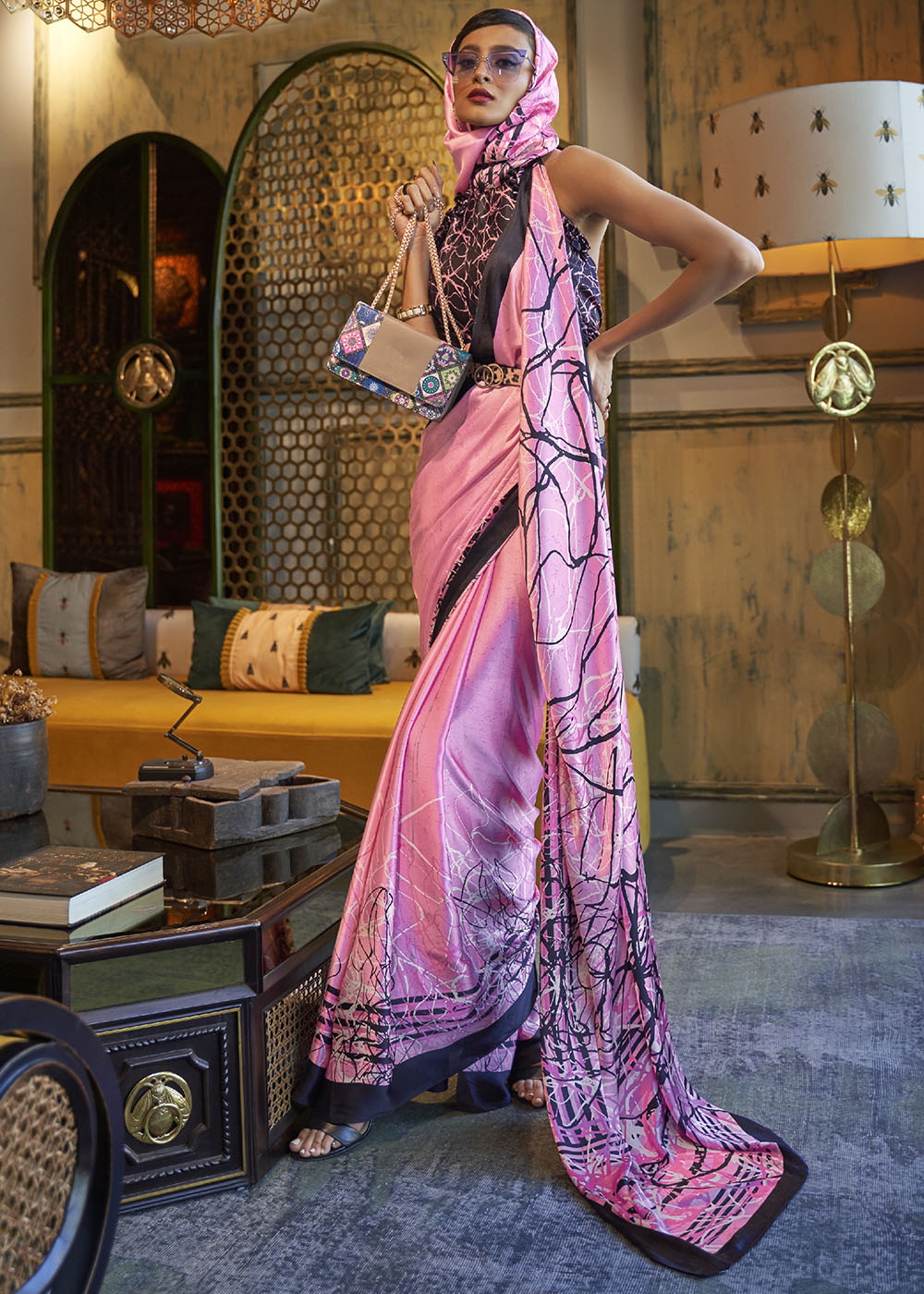 Taffy Pink Designer Satin Crepe Printed Saree - Colorful Saree