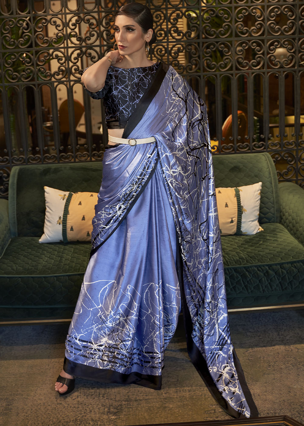 Steel Blue Designer Satin Crepe Printed Saree : Top Pick - Colorful Saree