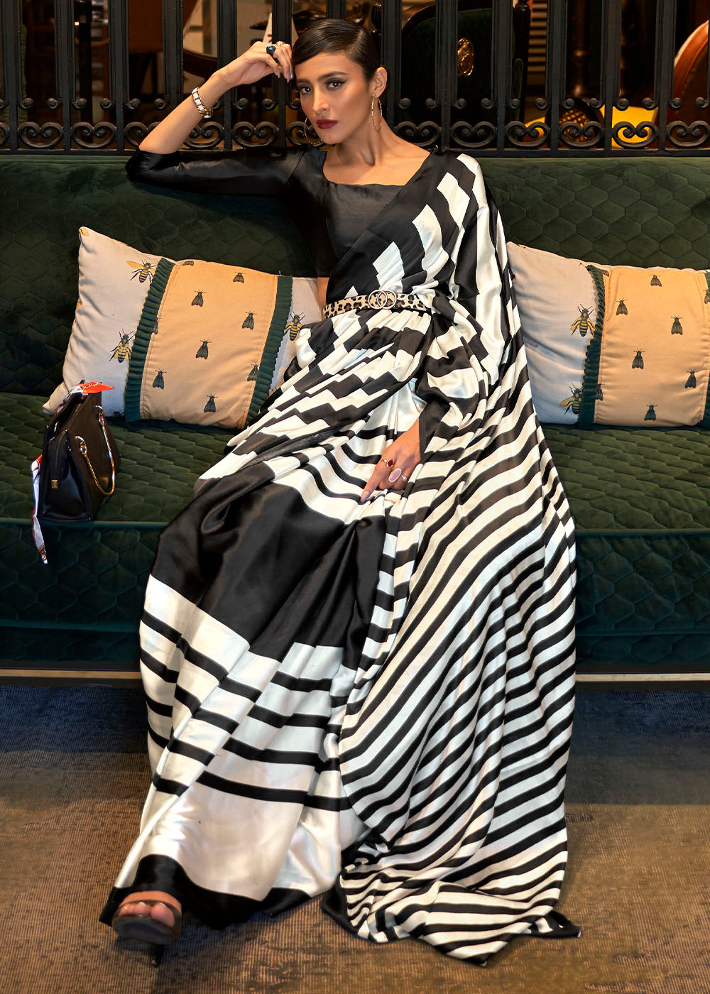 White & Black Designer Satin Crepe Printed Saree : Top Pick - Colorful Saree