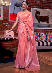 Coral Pink Woven Linen Silk Saree - Colorful Saree