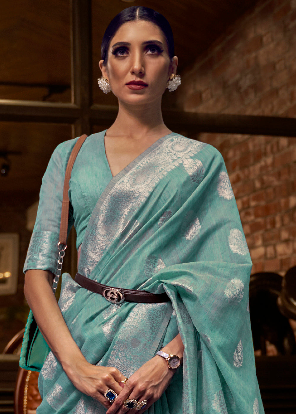 Oceanic Teal Blue Woven Linen Silk Saree - Colorful Saree