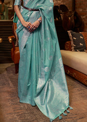 Oceanic Teal Blue Woven Linen Silk Saree - Colorful Saree