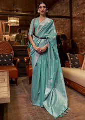 Oceanic Teal Blue Woven Linen Silk Saree - Colorful Saree