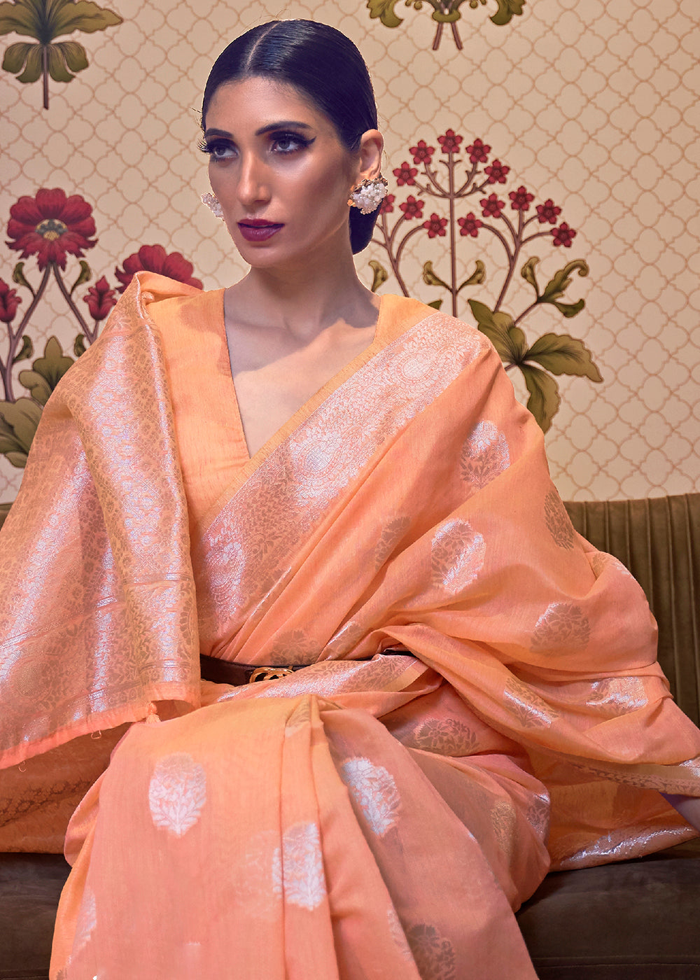 Salmon Orange Woven Linen Silk Saree - Colorful Saree