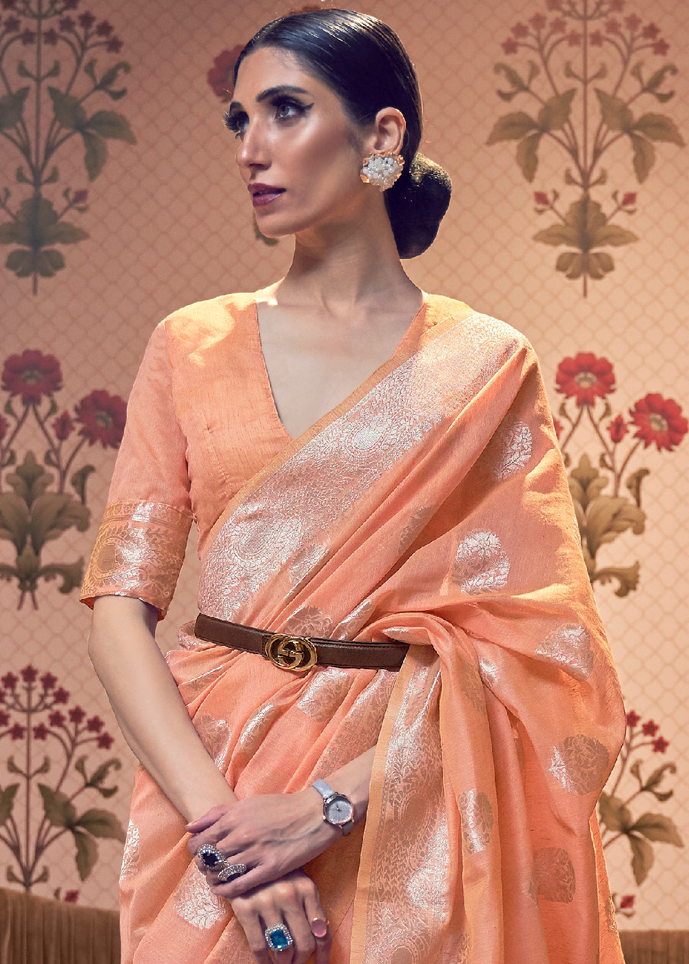 Salmon Orange Woven Linen Silk Saree - Colorful Saree