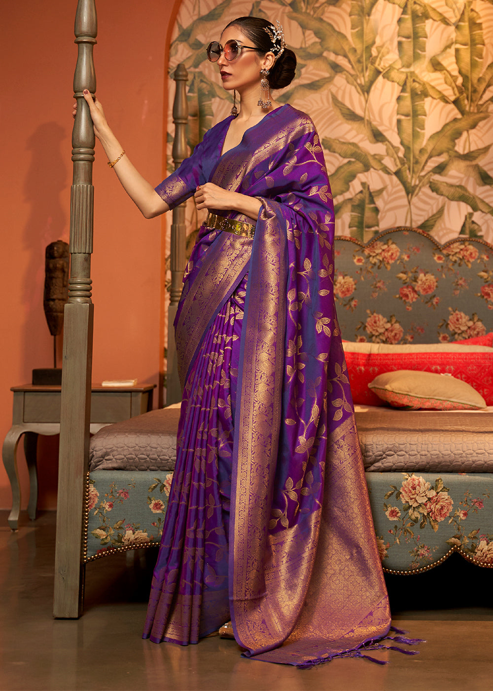 Lollipop Purple Woven Floral Banarasi Silk Saree - Colorful Saree