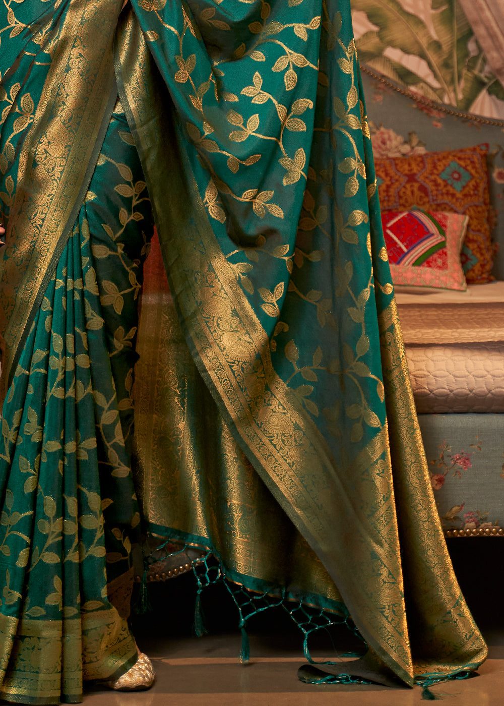 Dark Sea Green Woven Floral Banarasi Silk Saree - Colorful Saree