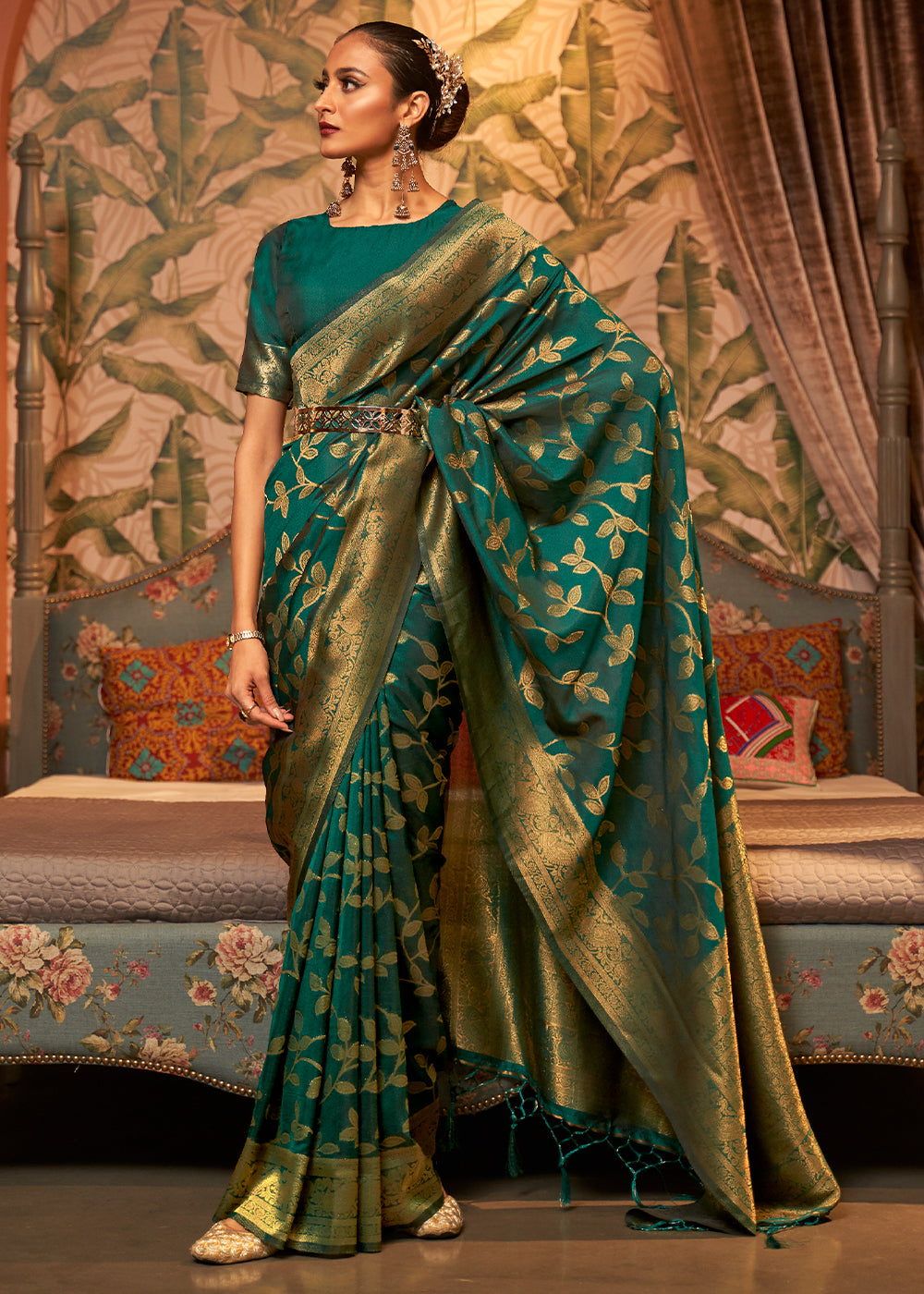 Dark Sea Green Woven Floral Banarasi Silk Saree - Colorful Saree