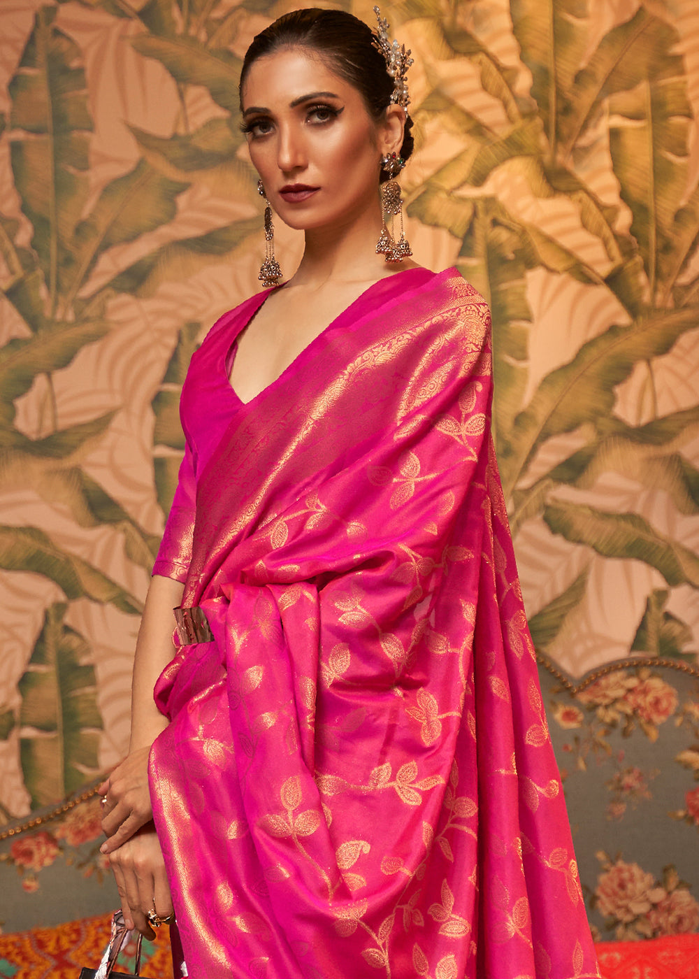 Magenta Pink Woven Floral Banarasi Silk Saree - Colorful Saree