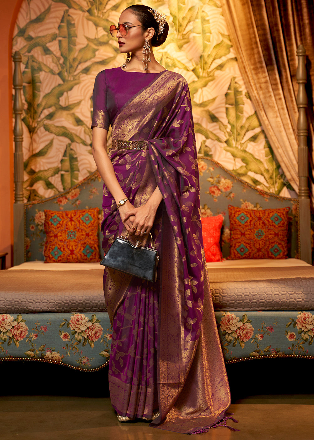 Byzantine Purple Woven Floral Banarasi Silk Saree - Colorful Saree