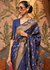 Dark Whale Blue Woven Floral Banarasi Silk Saree - Colorful Saree