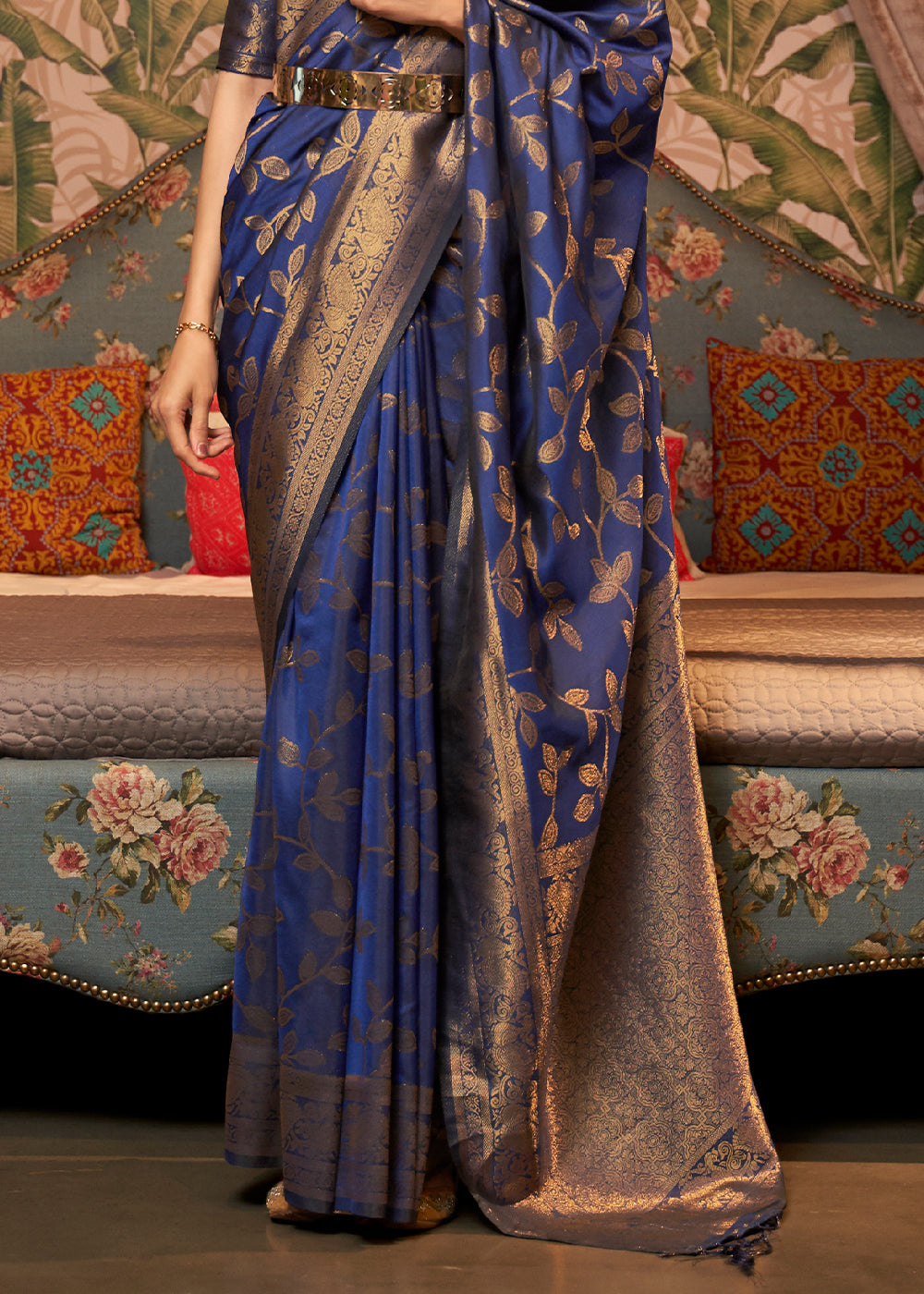 Dark Whale Blue Woven Floral Banarasi Silk Saree - Colorful Saree