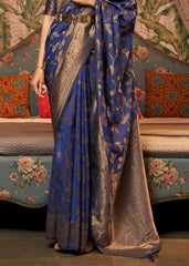 Dark Whale Blue Woven Floral Banarasi Silk Saree - Colorful Saree