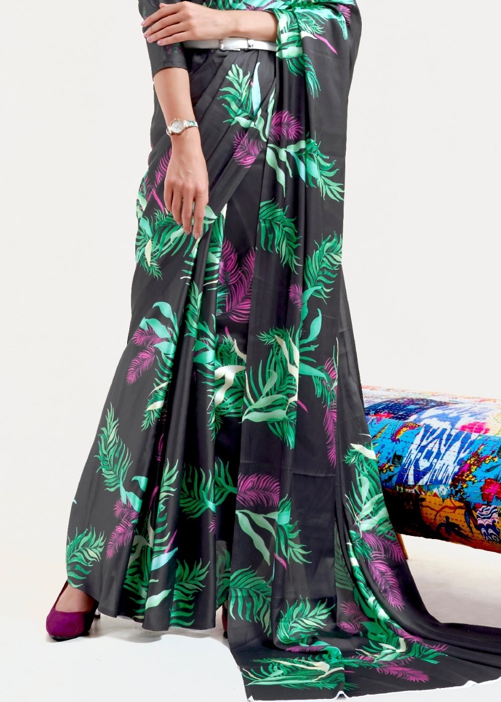 Ebony Black Digital Printed Satin Crepe Saree - Colorful Saree