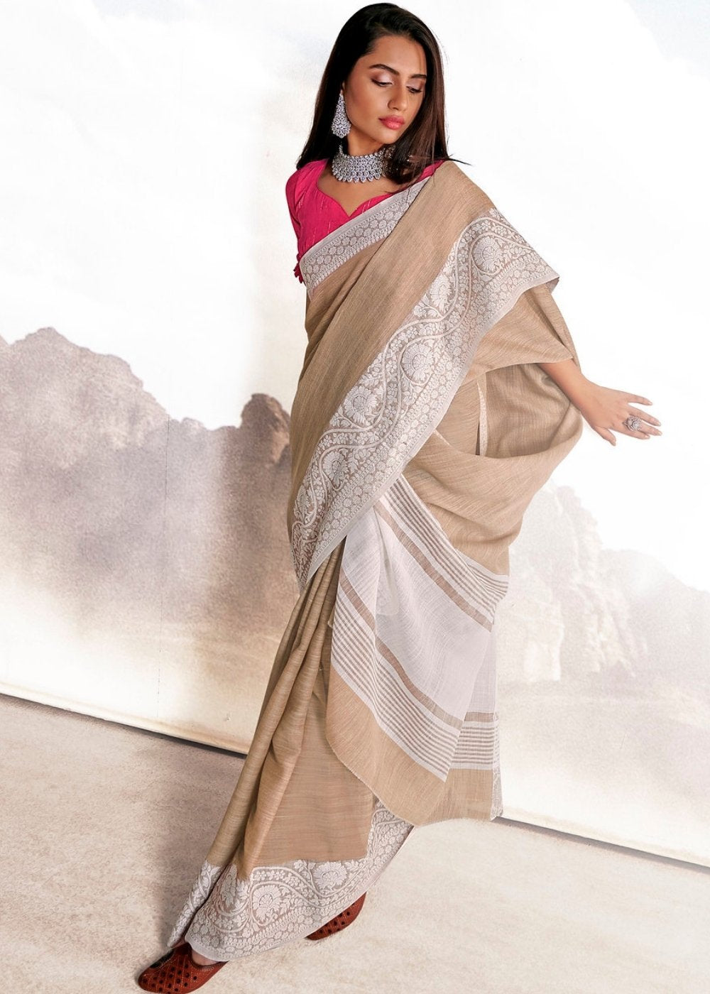 Umber Brown Soft Linen Silk Saree with Lucknowi work and Sequence Blouse - Colorful Saree