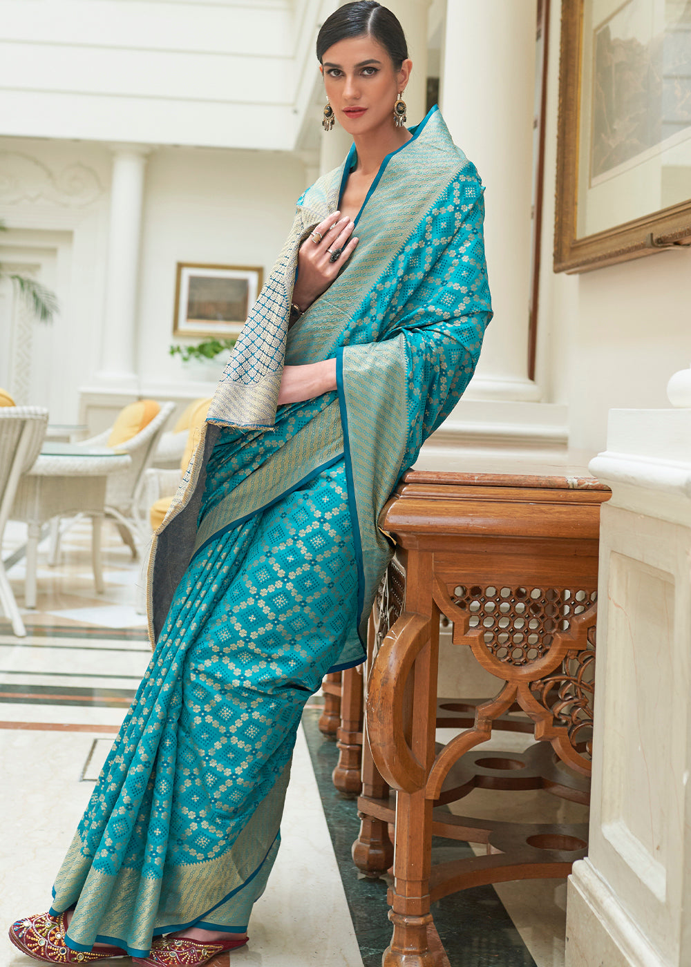 Cerulean Blue Handloom Patola Weave Silk Saree - Colorful Saree