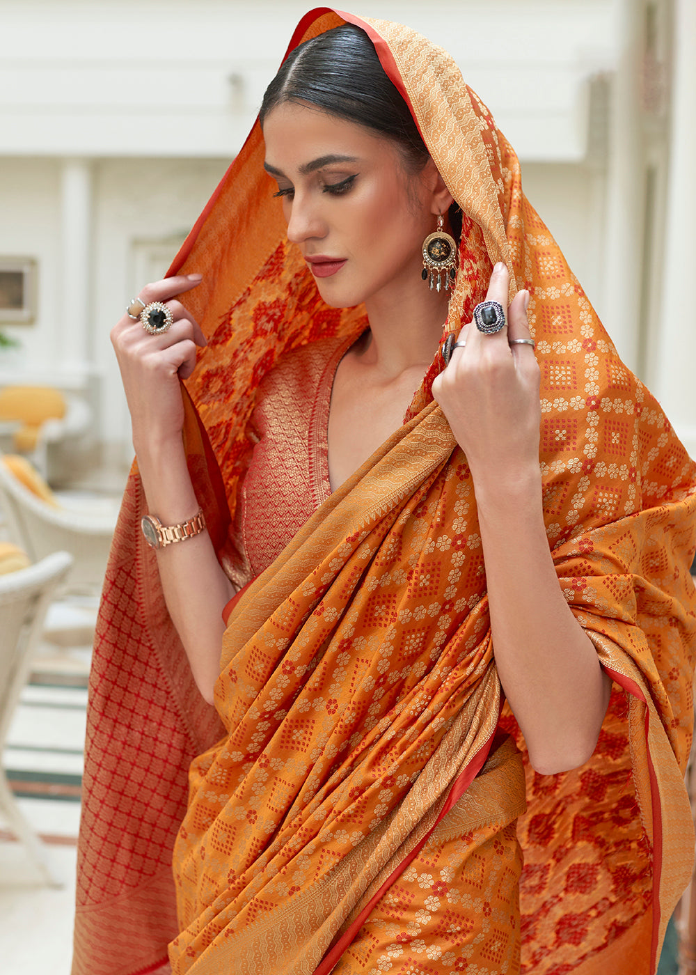 Peel Orange Handloom Patola Weave Silk Saree - Colorful Saree