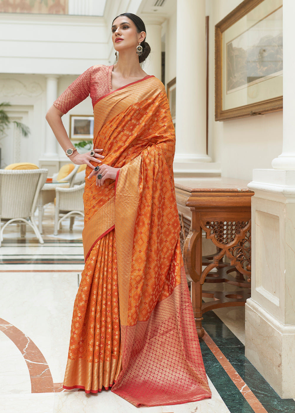 Peel Orange Handloom Patola Weave Silk Saree - Colorful Saree