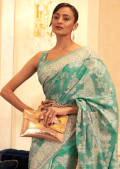 Caribbean Green Chikankari Weaving Banarasi Cotton Silk Saree - Colorful Saree