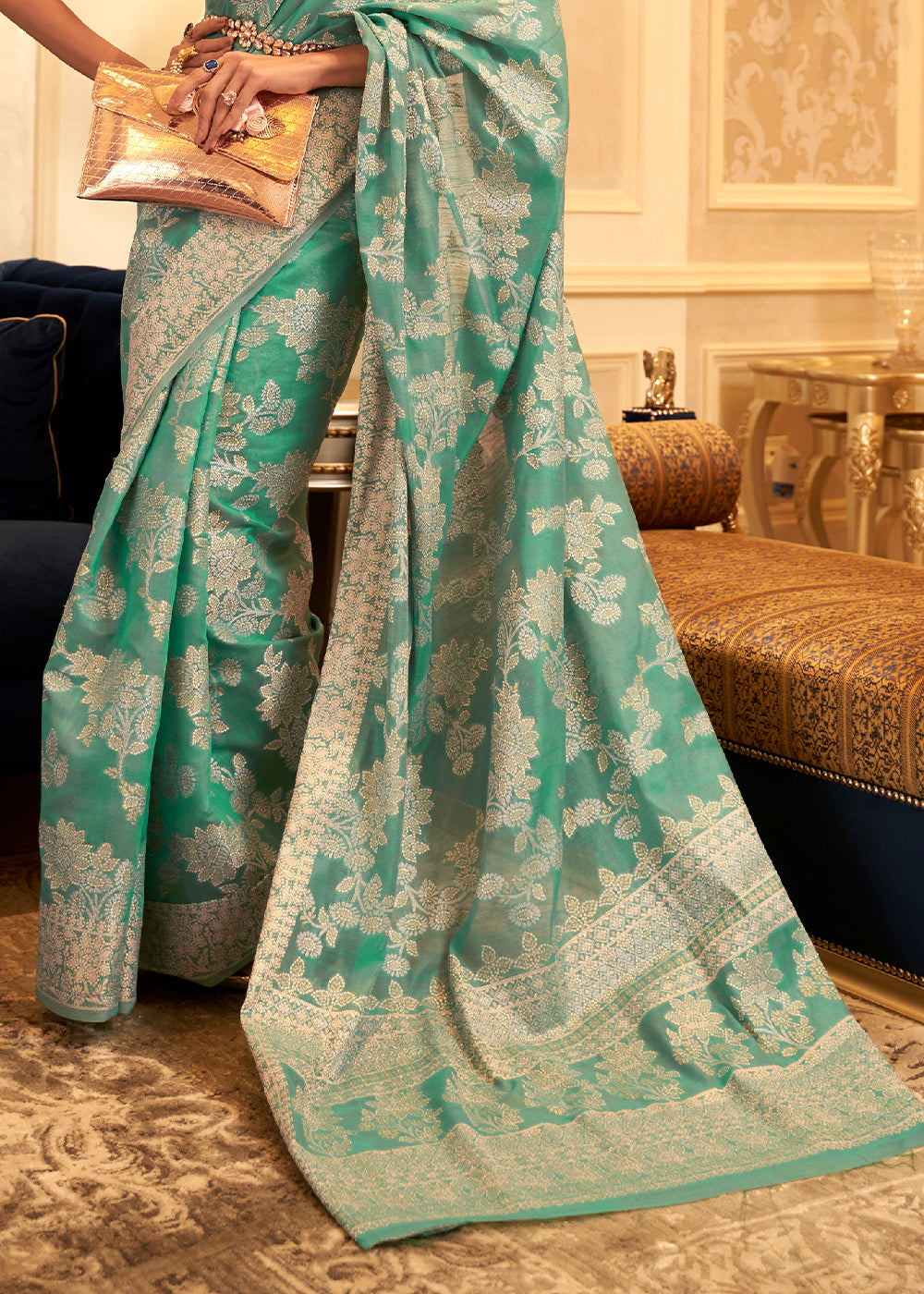 Caribbean Green Chikankari Weaving Banarasi Cotton Silk Saree - Colorful Saree